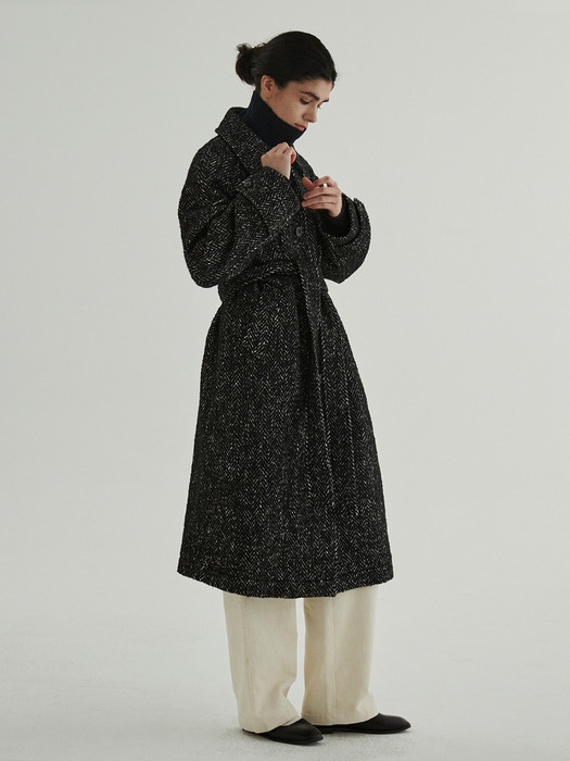 Herringbone Raglan Belted Coat (Black)