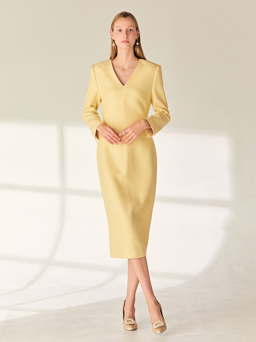 MARIN V-neck H-line tweed wool long dress (Butter)