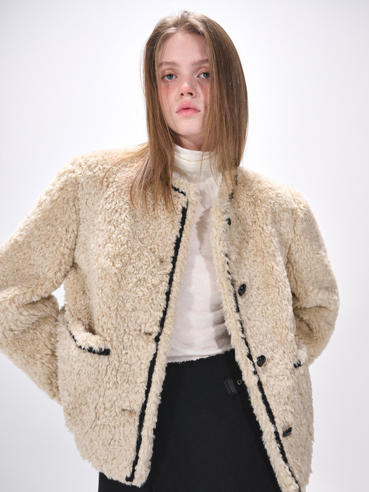 Round Trimmed Fur Coat, Beige