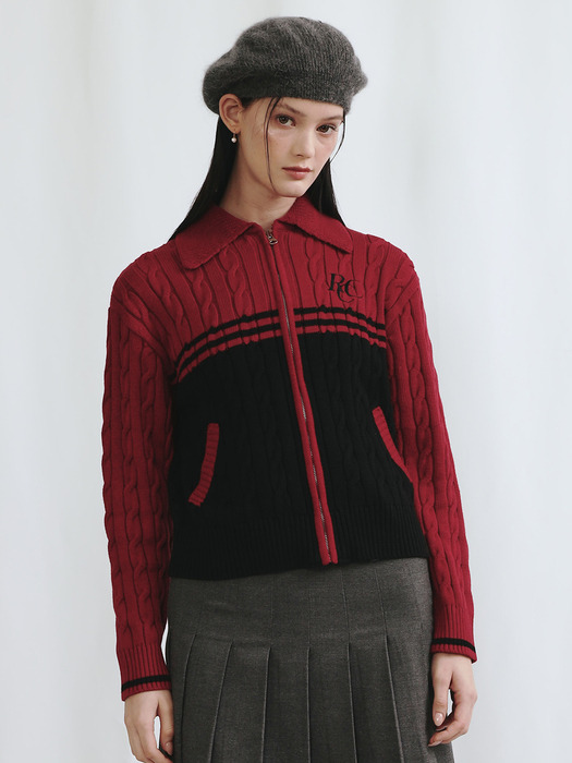 RCC Cable Knit Zipup Cardigan [RED]