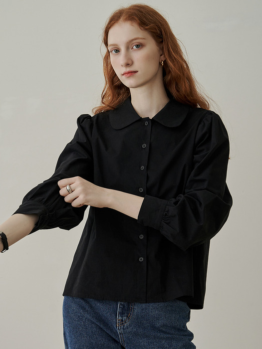 Round collar puff blouse - black
