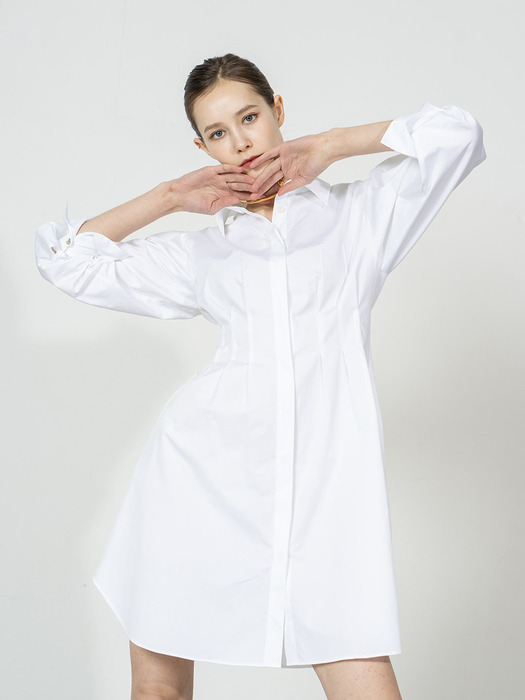 Bell sleeves pleats mini shirt dress - white