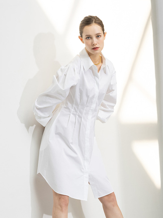 Bell sleeves pleats mini shirt dress - white