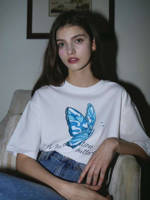 Color Butterfly Art Work Printing T-shirt (White)