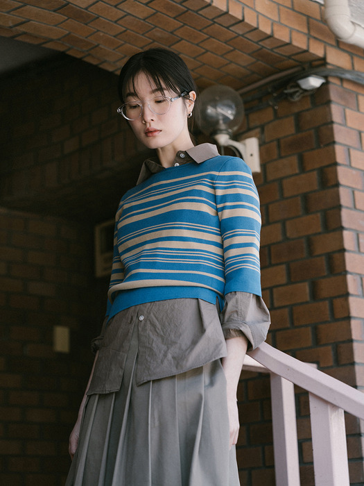 STRIPE HALF KNIT TOP_BLUE