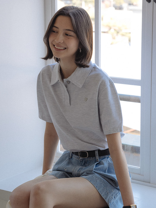 Heart detail half sleeve pique t-shirt_Light gray - Image 2