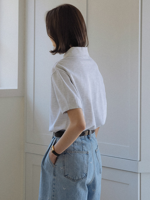 Heart detail half sleeve pique t-shirt_Light gray - Image 3
