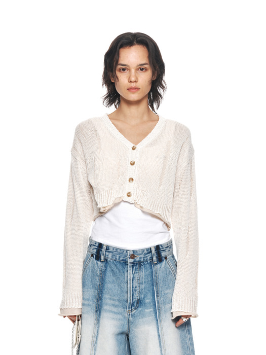 LAYERED DAMAGE CROP CARDIGAN IN IVORY