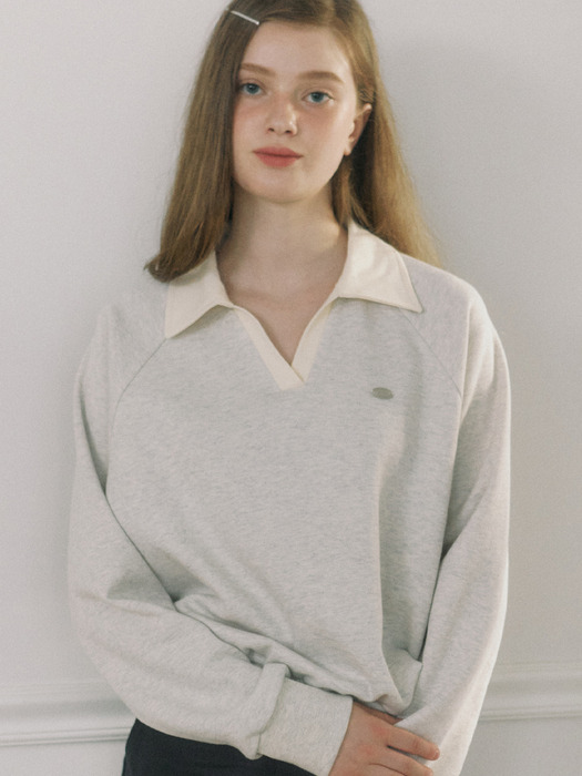 Pique Open Collar Sweatshirt - Oatmeal