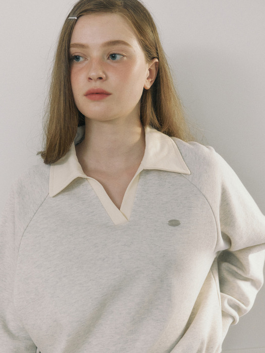 Pique Open Collar Sweatshirt - Oatmeal