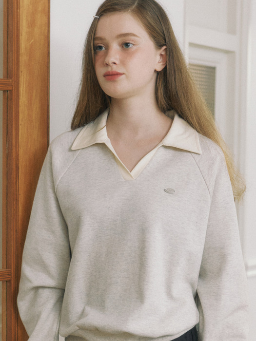 Pique Open Collar Sweatshirt - Oatmeal