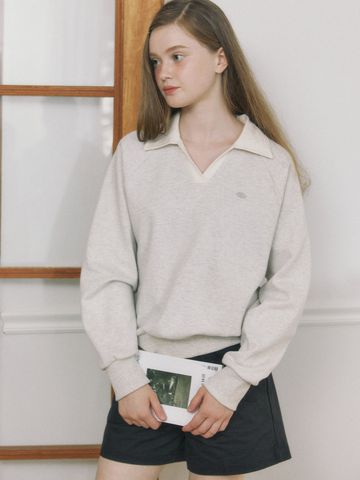 Pique Open Collar Sweatshirt - Oatmeal