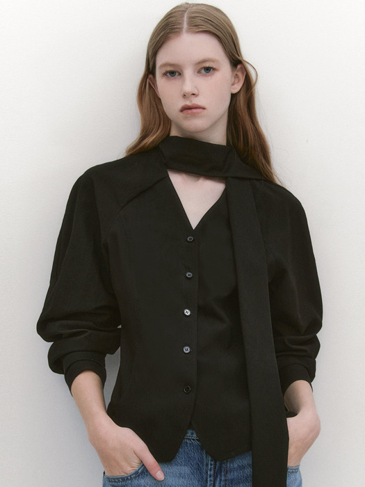 Raglan Sleeve Tie Neck Blouse BLACK