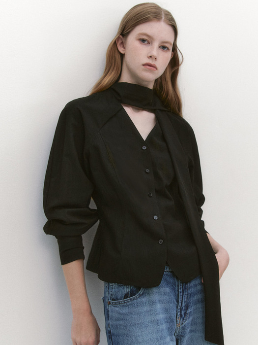 Raglan Sleeve Tie Neck Blouse BLACK