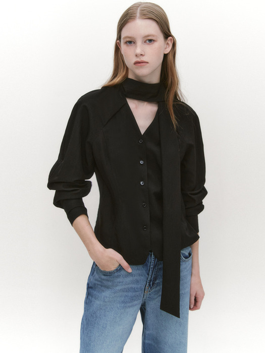 Raglan Sleeve Tie Neck Blouse BLACK