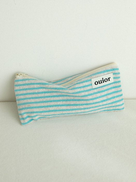 ouior flat pencil case_terry stripe blue (topside zipper)