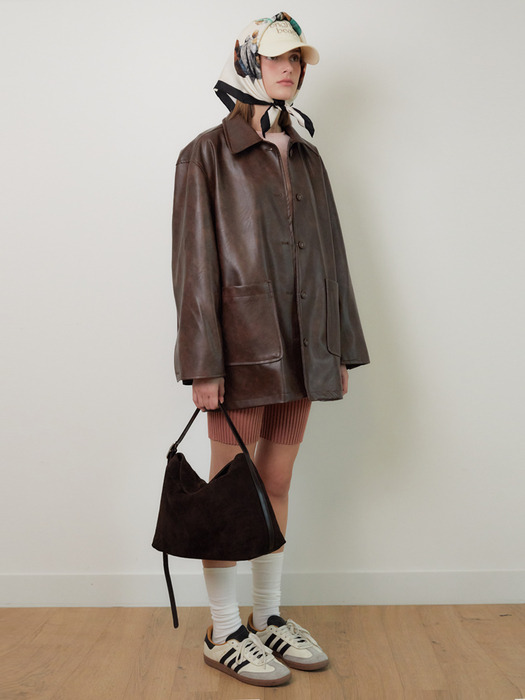 SINGLE COLLAR FAUX LEATHER JACKET (BROWN)