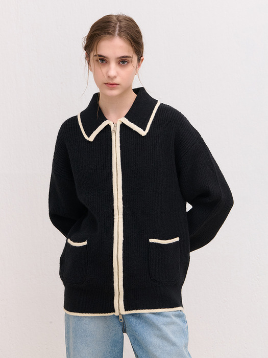 BLEND COLOR COLLAR KNIT CARDIGAN BLACK