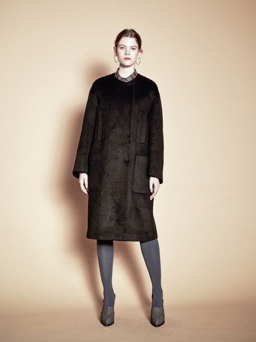 No Collar Long Wool Coat_Black 