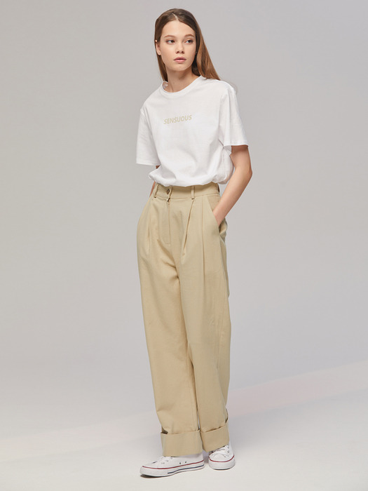 COTTON ROLL-UP WIDE LONG PANTS BEIGE