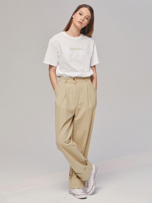 COTTON ROLL-UP WIDE LONG PANTS BEIGE