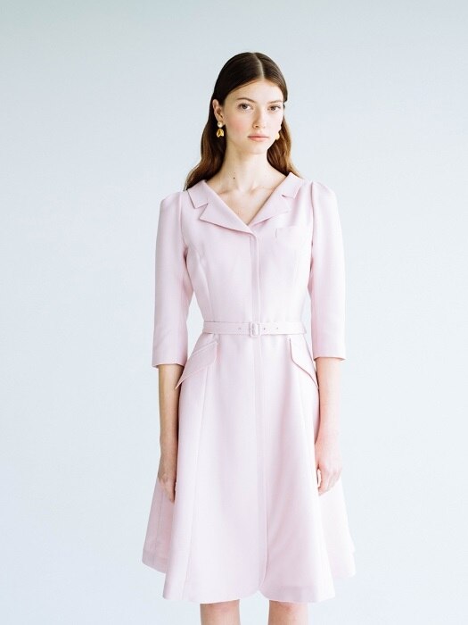 DIANA V-neck notched collar flared dress (Lilac Pink)