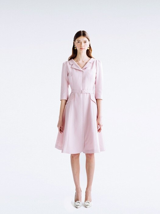DIANA V-neck notched collar flared dress (Lilac Pink)