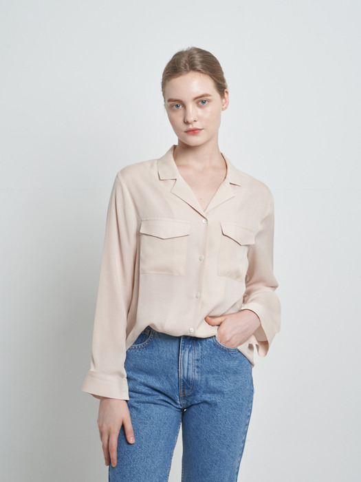 POCKET DETAIL SILK BLOUSE PINK BEIGE