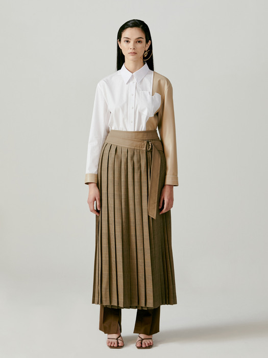 Asymmetric Pleated Checked Wool Skirt - Khaki