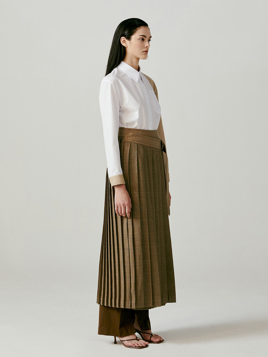 Asymmetric Pleated Checked Wool Skirt - Khaki