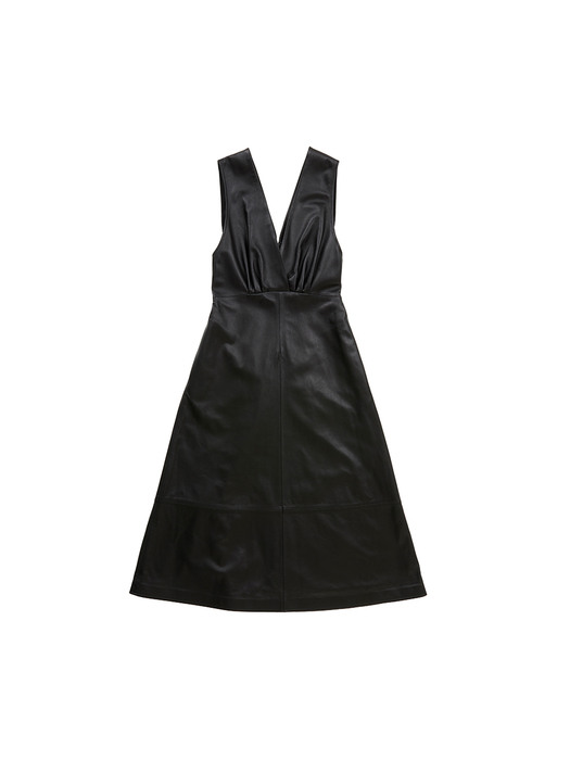 GWANGHWAMUN V-neck leather dress (Black)