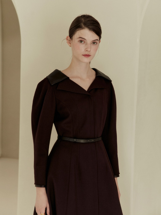 LYANA Wide notched collar puffed sleeve A-line dress (Burgundy)