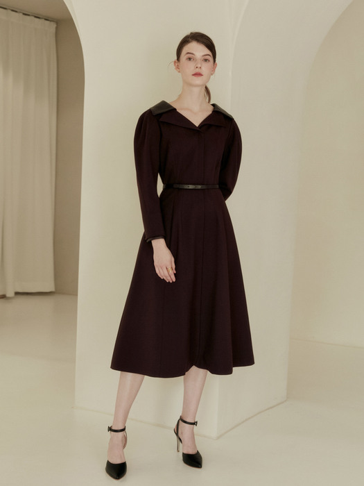 [미전시]LYANA Wide notched collar puffed sleeve A-line dress (Burgundy)