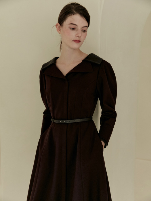 LYANA Wide notched collar puffed sleeve A-line dress (Burgundy)