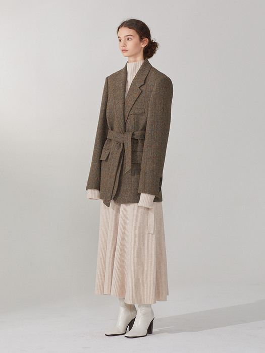 LE MUSEE_EMMA Harris Tweed Belted Jacket_Khaki Brown