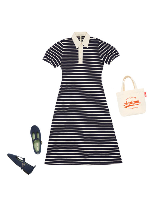 [N][SET] OJO Collar maxi dress (Navy stripe) + JONGDALRI T-strap flat shoes (Navy)