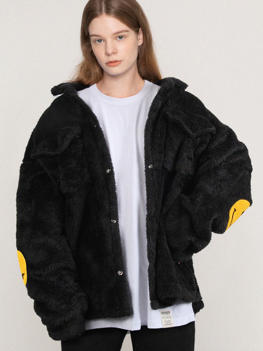 [UNISEX]엘보우 도트 스마일 자수 양털후리스 셔츠 야상자켓_2color