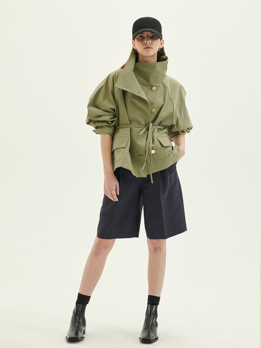 Signature Oversized Short Outer with Gold Button Khaki