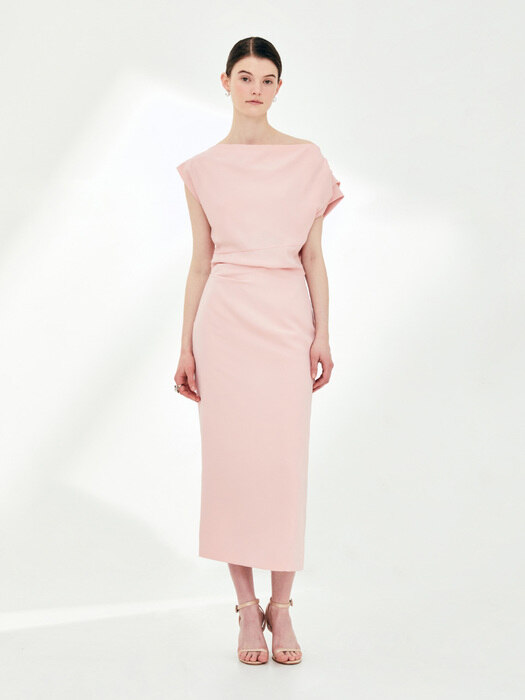 ATHENA Asymmetric sleeve H-line dress (Light pink)