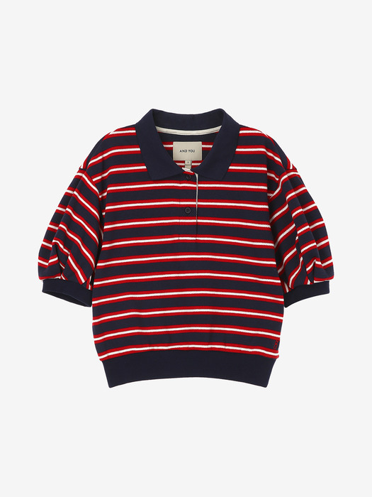 BAGLEY Stripe crop collar T-shirts (Navy red)