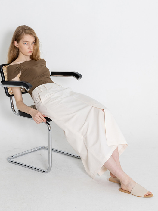 Linen Cotton Belted Long Skirt_Cream
