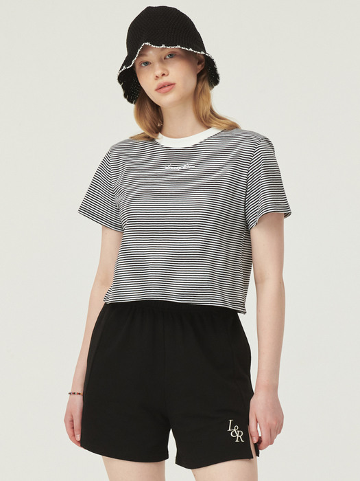Stripe Crop Half Sleeve T-Shirt [black]