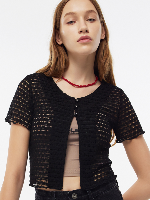 LETTUCE EDGE STITCH CROP CARDIGAN (BLACK)