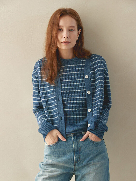 STRIPE V-NECK CARDIGAN(greyish blue)