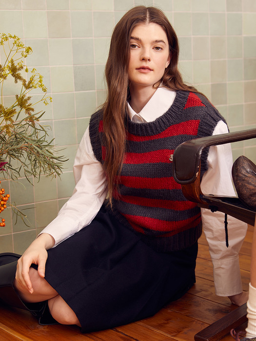 Mohair Fuzzy Stripe Knit Vest [RED]