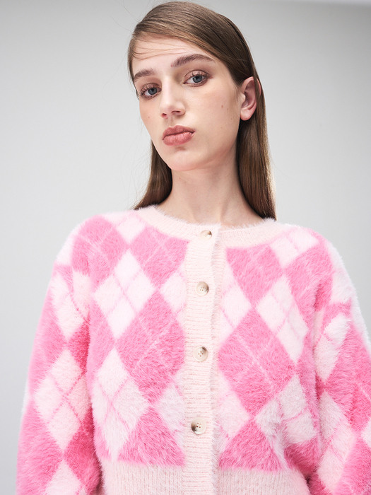 Argyle Fluffy Knit Cardigan, Pink
