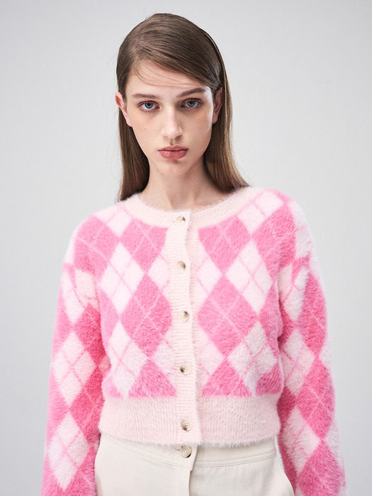 Argyle Fluffy Knit Cardigan, Pink