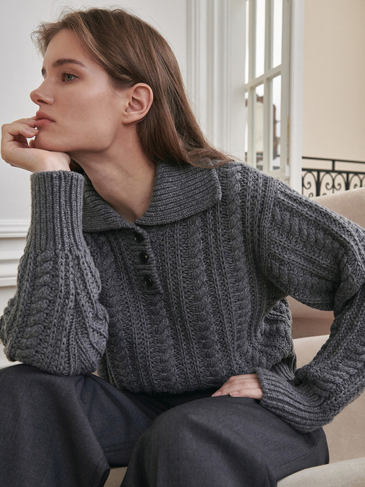 Cable Collar Wool Knit - M/Gray