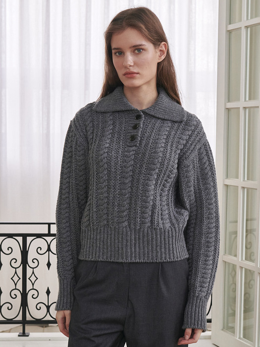 Cable Collar Wool Knit - M/Gray