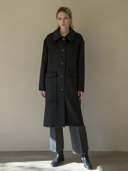 Single Fur Collar Long Coat Black